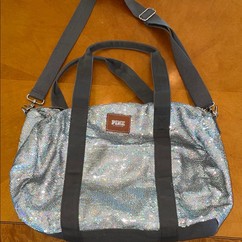 PINK Victoria's Secret Silver and Gray Tote Bag with Shimmery Finish